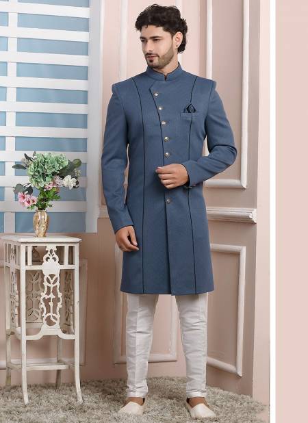 Light Gray Party Wear Mens Jaquard Silk Indo Western Collection 1698